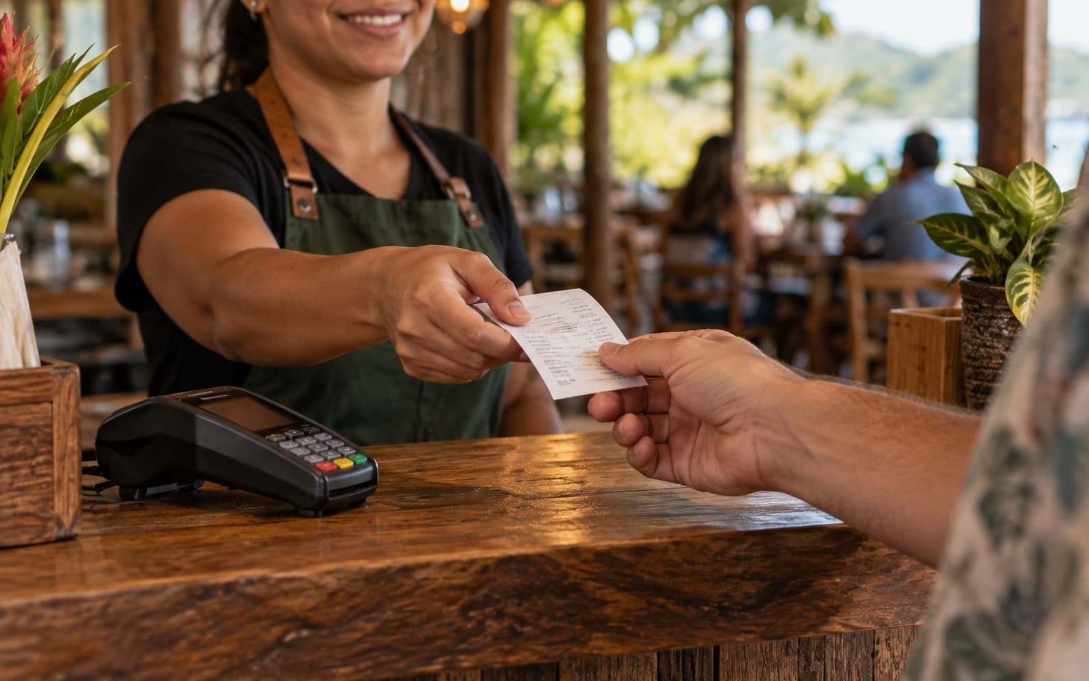 Cajera entrega el comprobante después de cobrar una cuenta