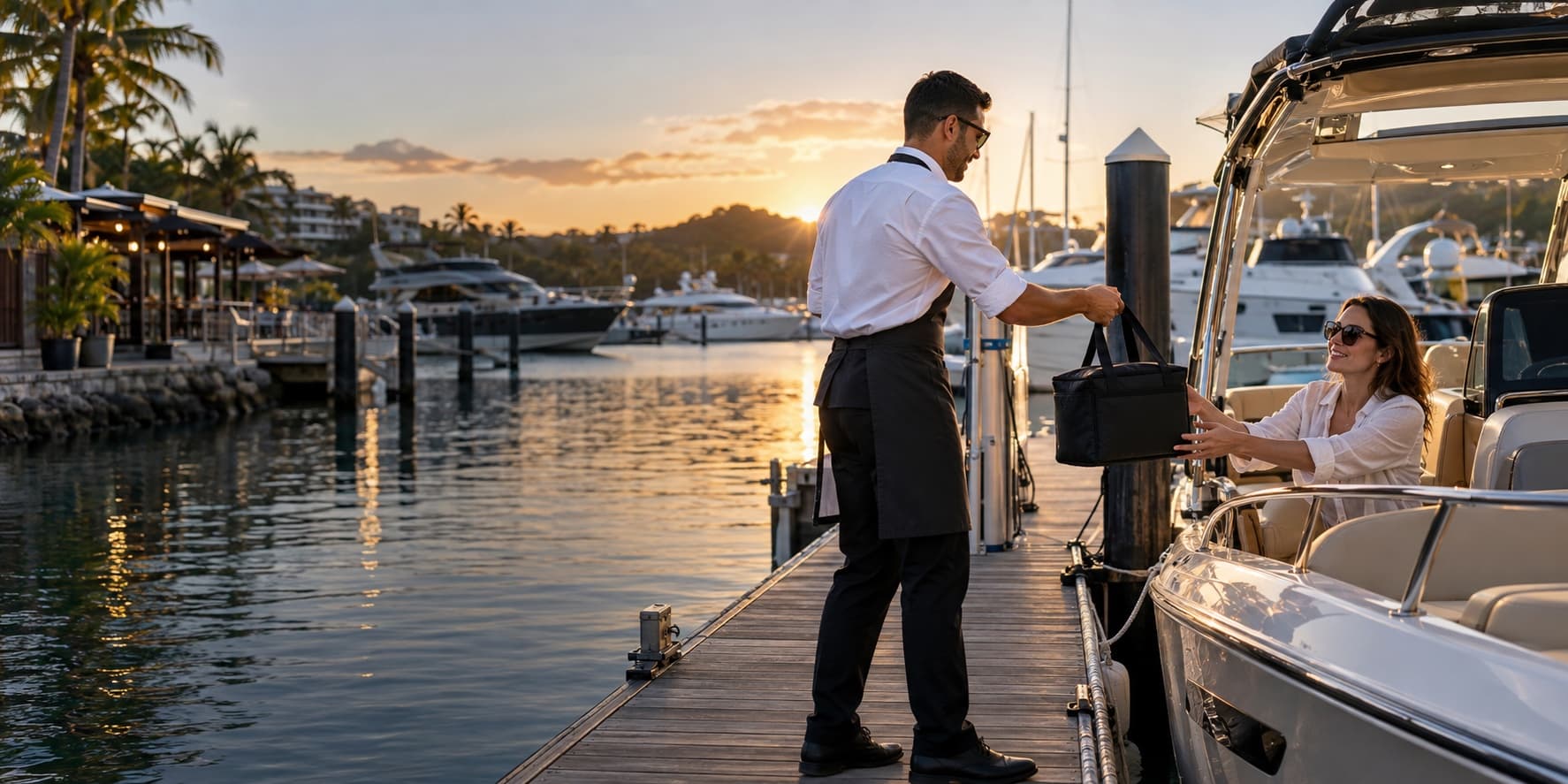 Mesero entregando comida a una embarcación en una marina al atardecer