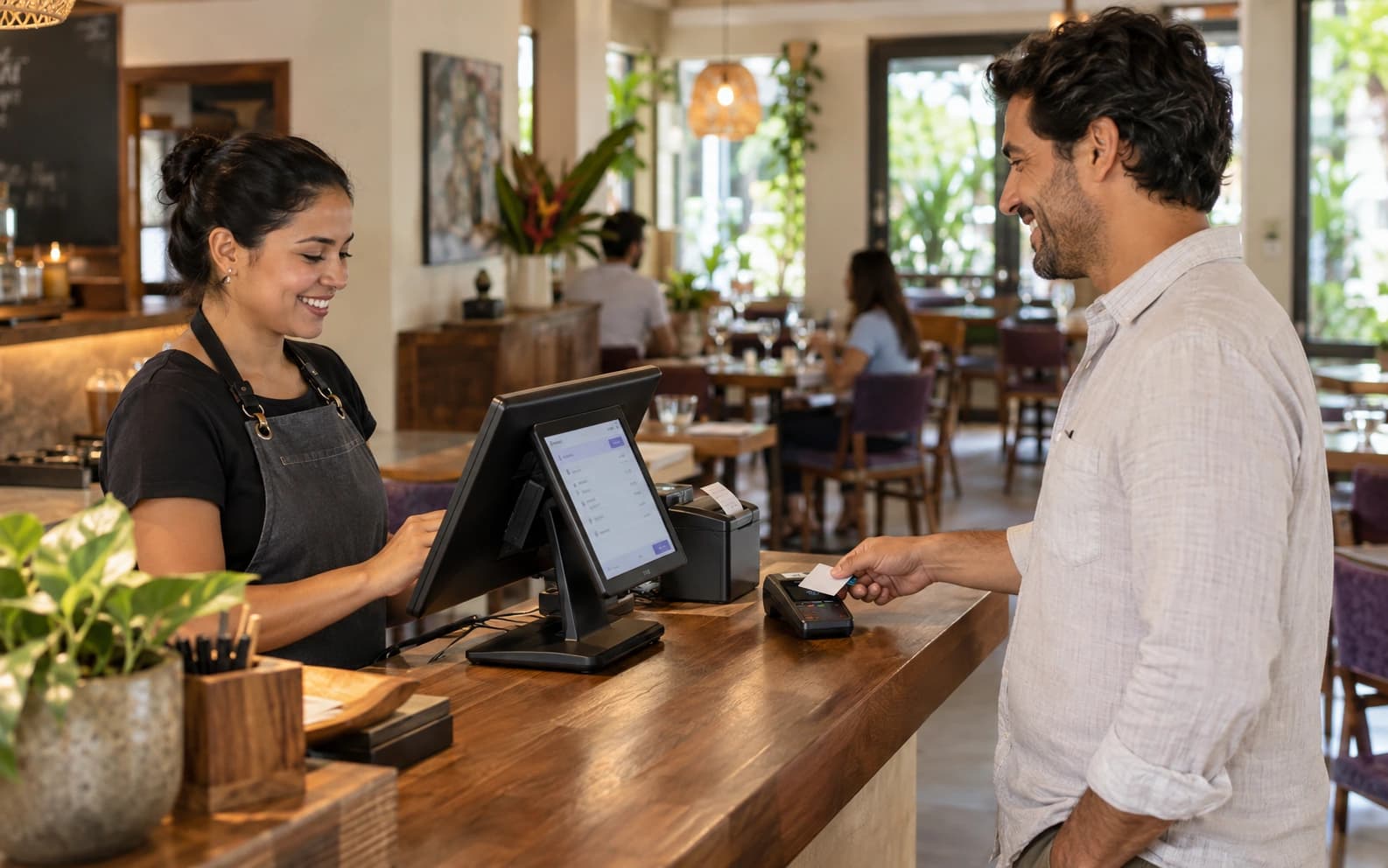 Cliente pagando con tarjeta en la caja del restaurante, con terminal POS e impresora de recibos