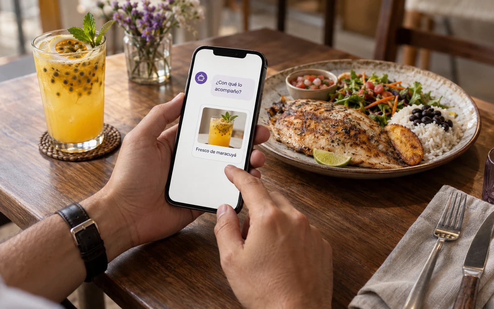 Comensal consultando en su teléfono una sugerencia de bebida para acompañar su plato