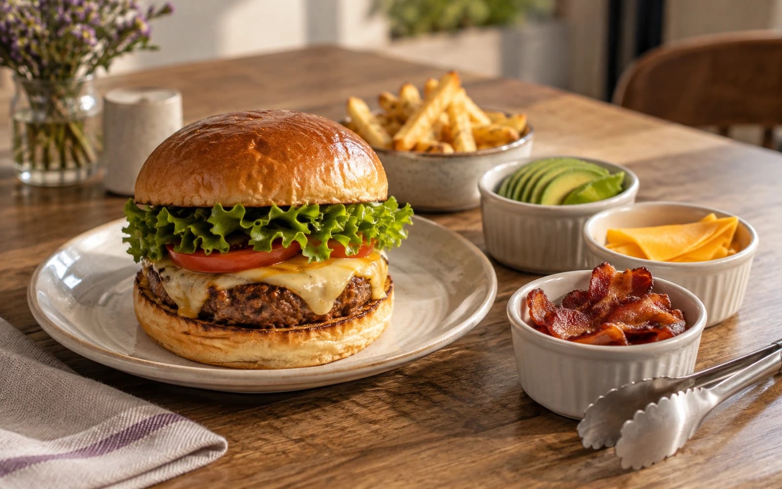 Hamburguesa junto a porciones de aguacate, queso y tocineta como opciones de extras