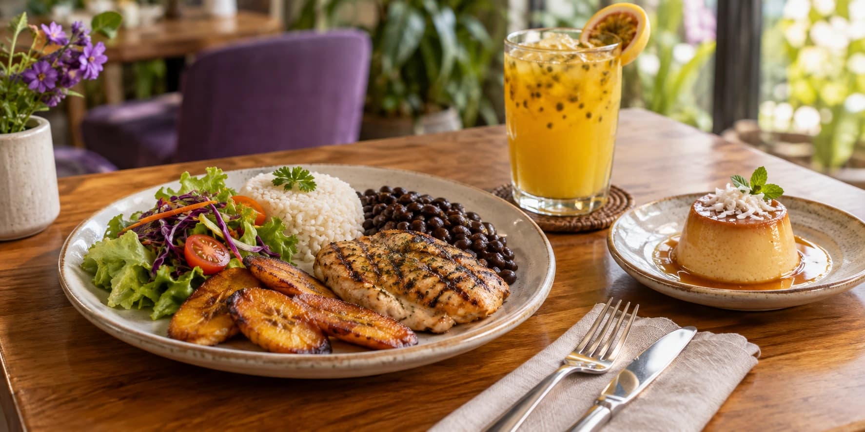 Casado con pollo, fresco de maracuyá y flan de coco como combinación de plato, bebida y postre