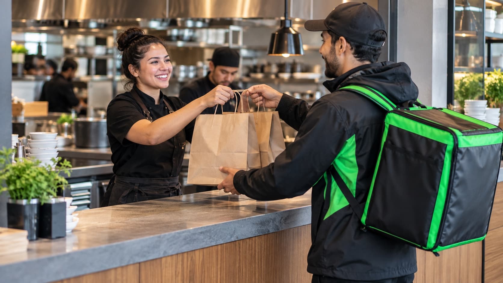 Personal del restaurante entregando un pedido para llevar a un repartidor