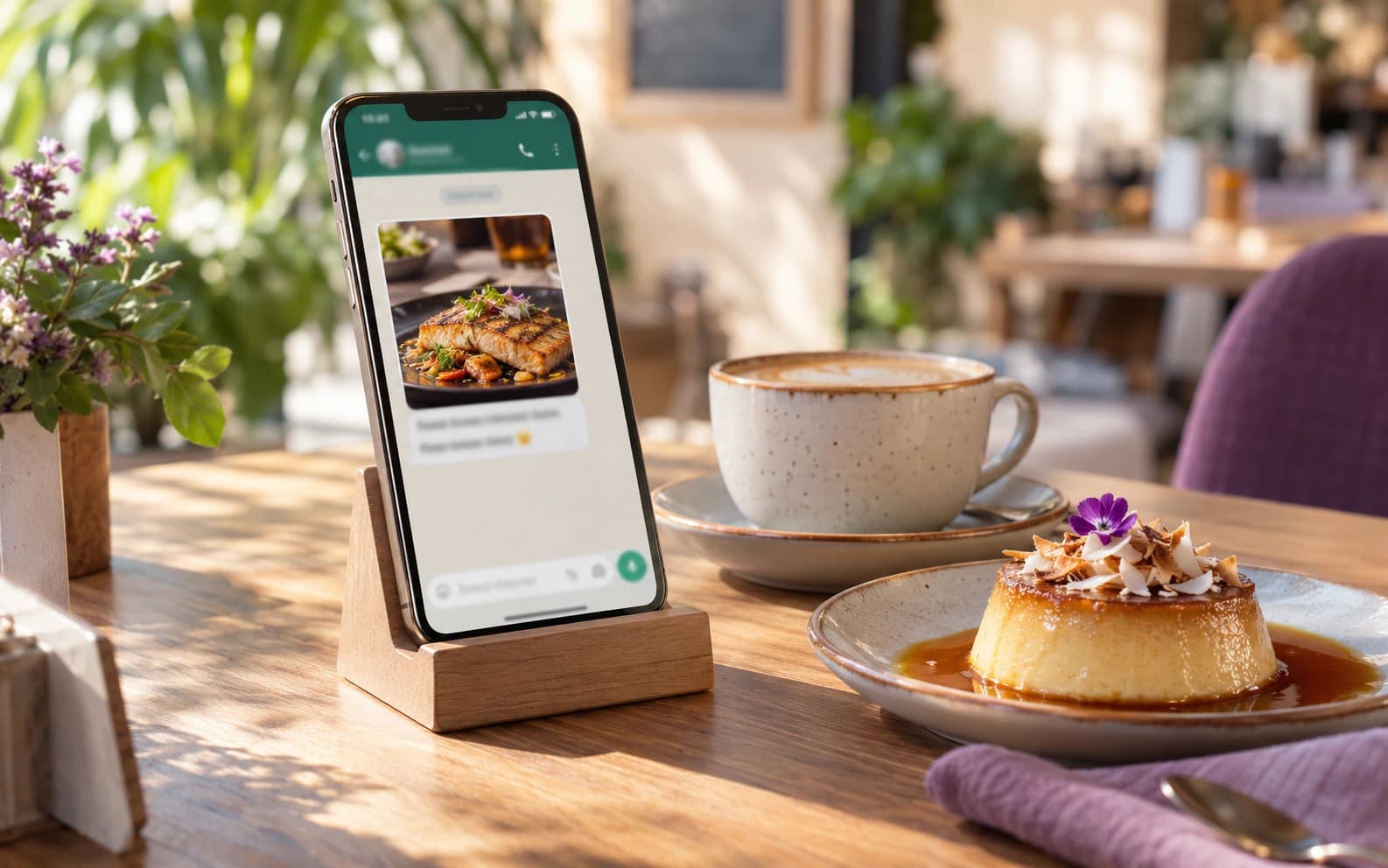 Teléfono con una invitación del restaurante por mensajería, junto a un café y un postre