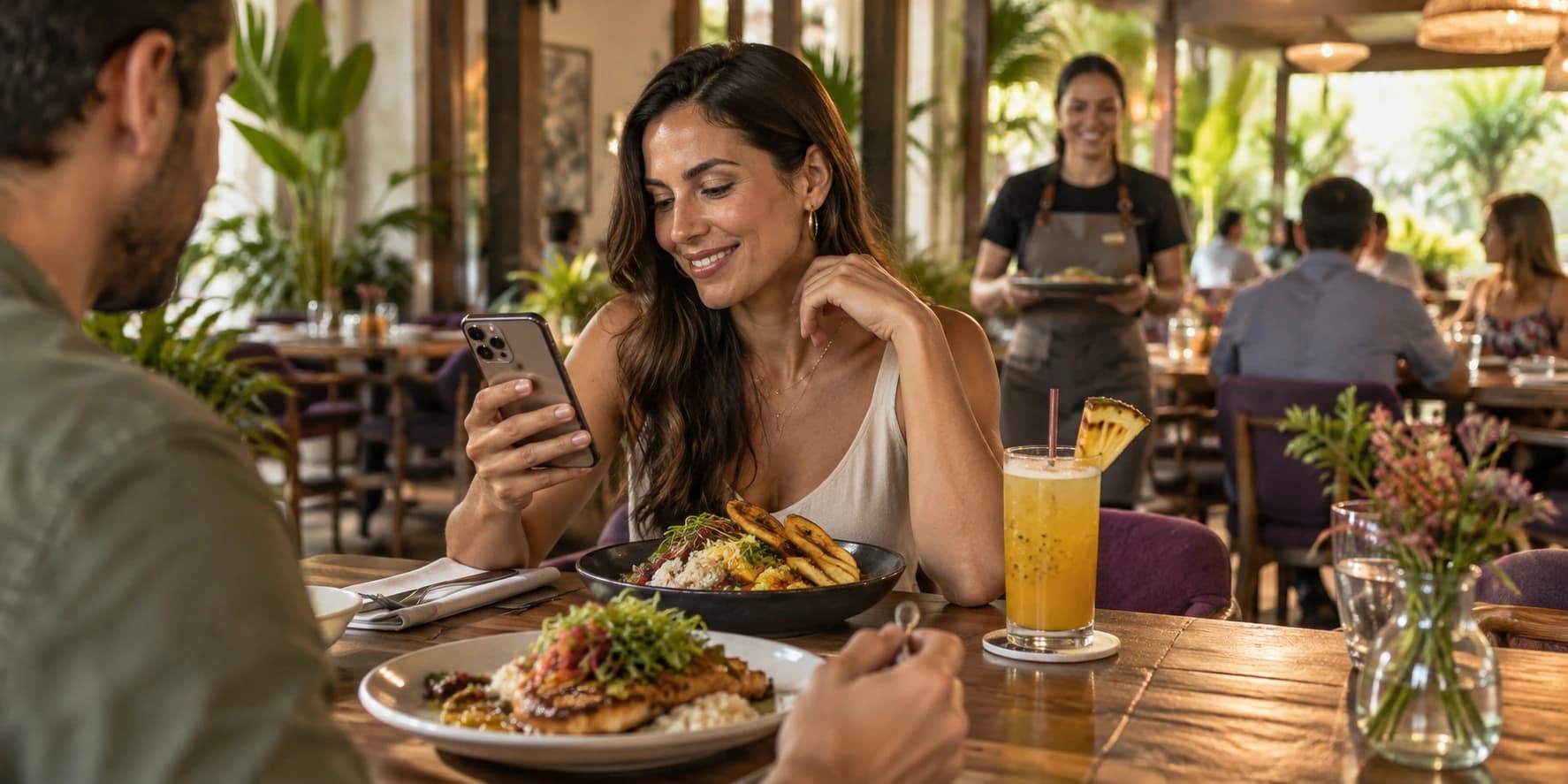 Comensal leyendo un mensaje en su teléfono mientras disfruta de una comida en un restaurante costarricense