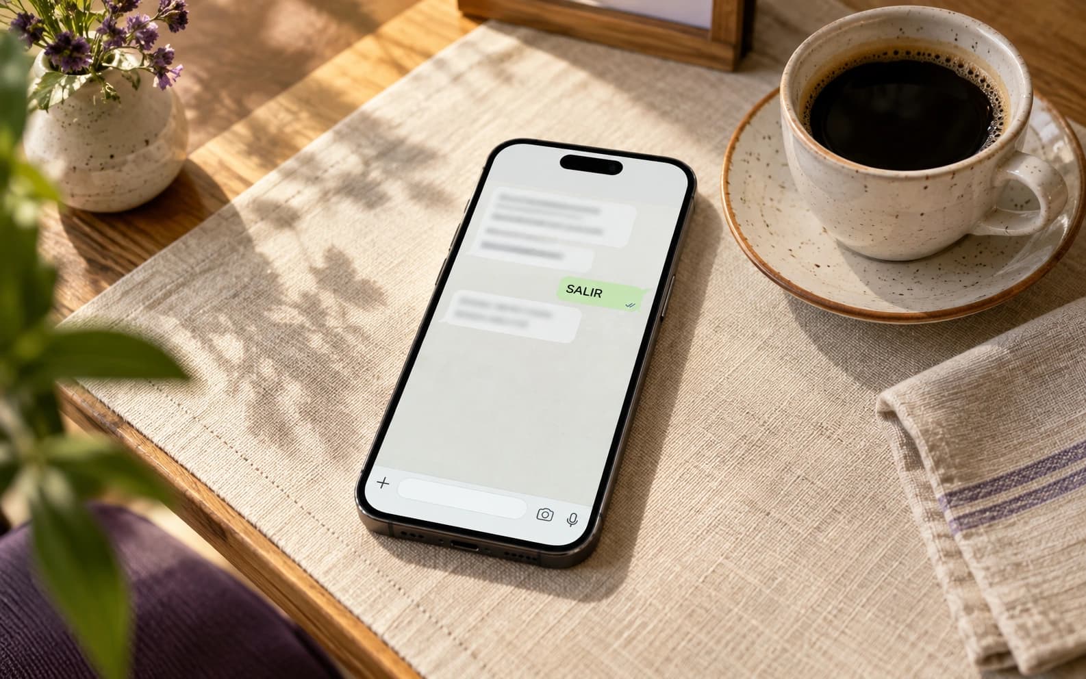 Teléfono con el mensaje SALIR para dejar de recibir comunicaciones del restaurante