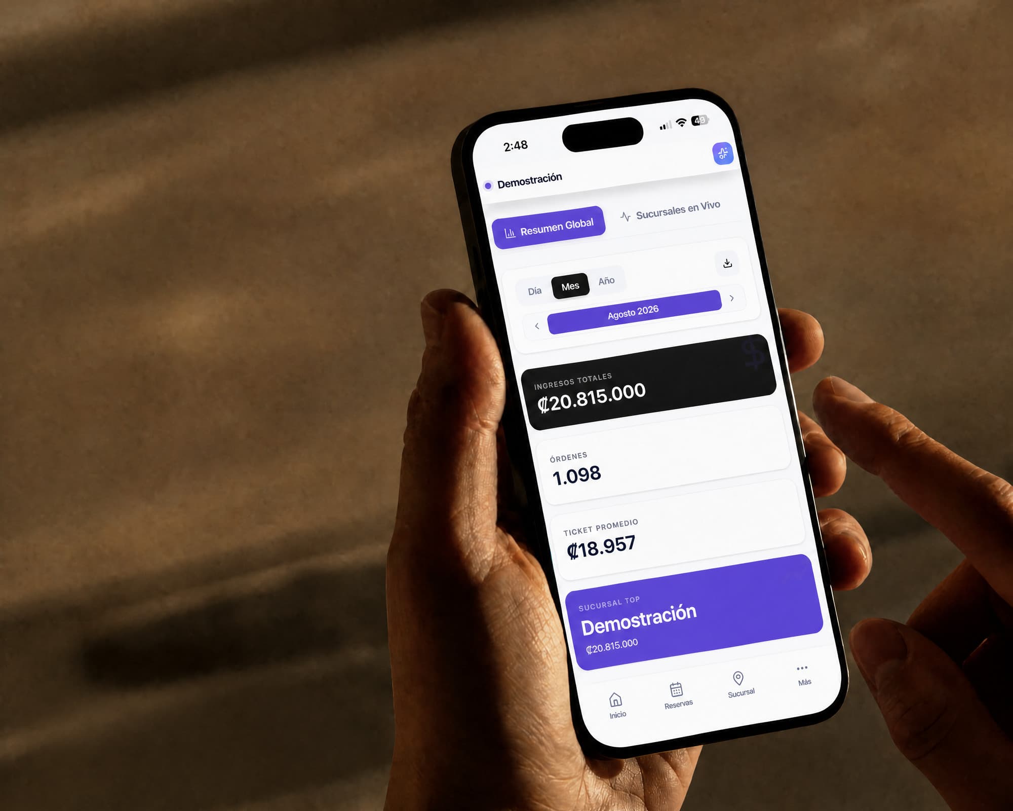 Una mano sostiene un teléfono con el panel de 4Labs PRO abierto en la sucursal de demostración: ingresos totales, órdenes y ticket promedio del mes.