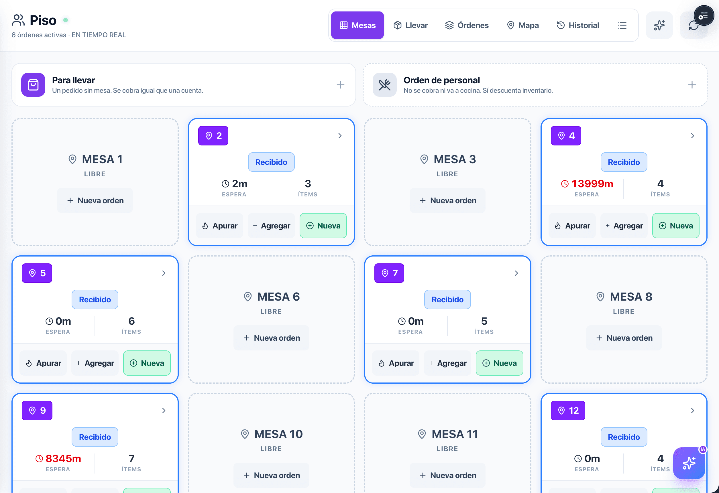 Vista de caja de 4Labs PRO con mesas, órdenes activas y acciones de cobro.
